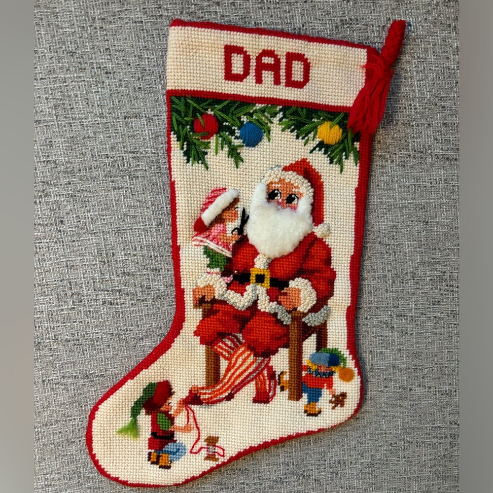 Vintage Retro MCM Handmade Embroidered Santa Stocking 17”- DAD